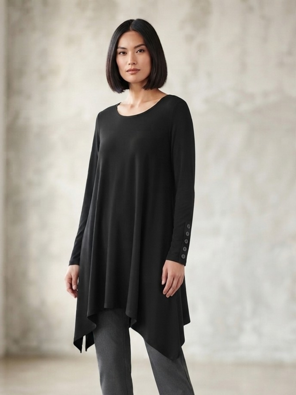Sympli Black Asymmetrical Tunic with Button Cuff Size 6